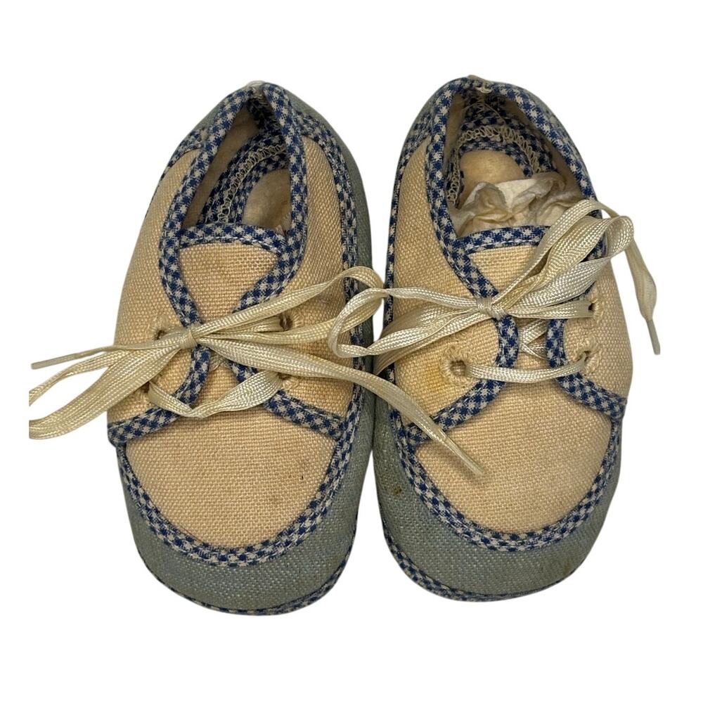Vintage Walt Disney Bambi Baby Crib Shoes Size 2 Blue Cream 50s-60s